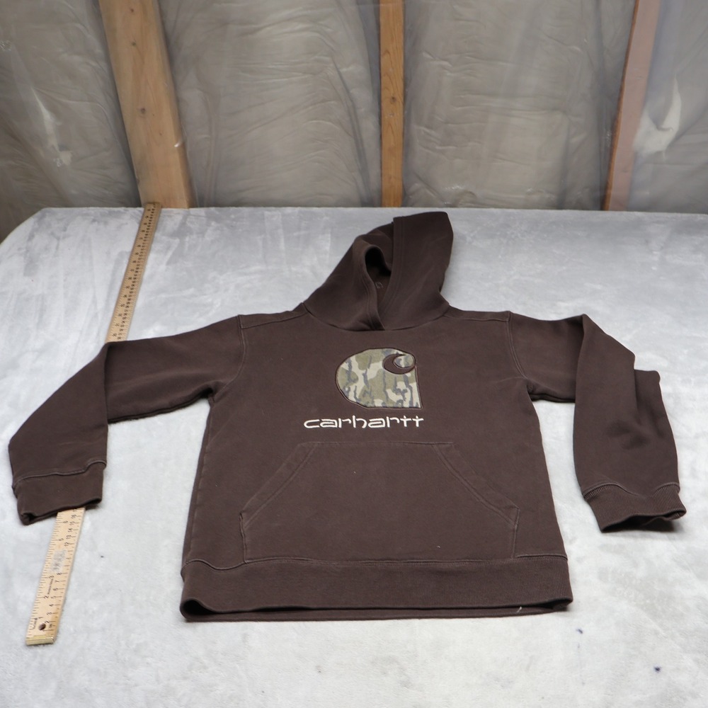 Carhartt Hoodie Boys Medium? Brown Camo Logo Graphic Fleece Pullover Sweatshirt